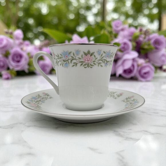 Eileen Cotillion Flat Cup & Saucer 3693 Japan Floral Pink Blue Platinum Trim - Picture 1 of 8